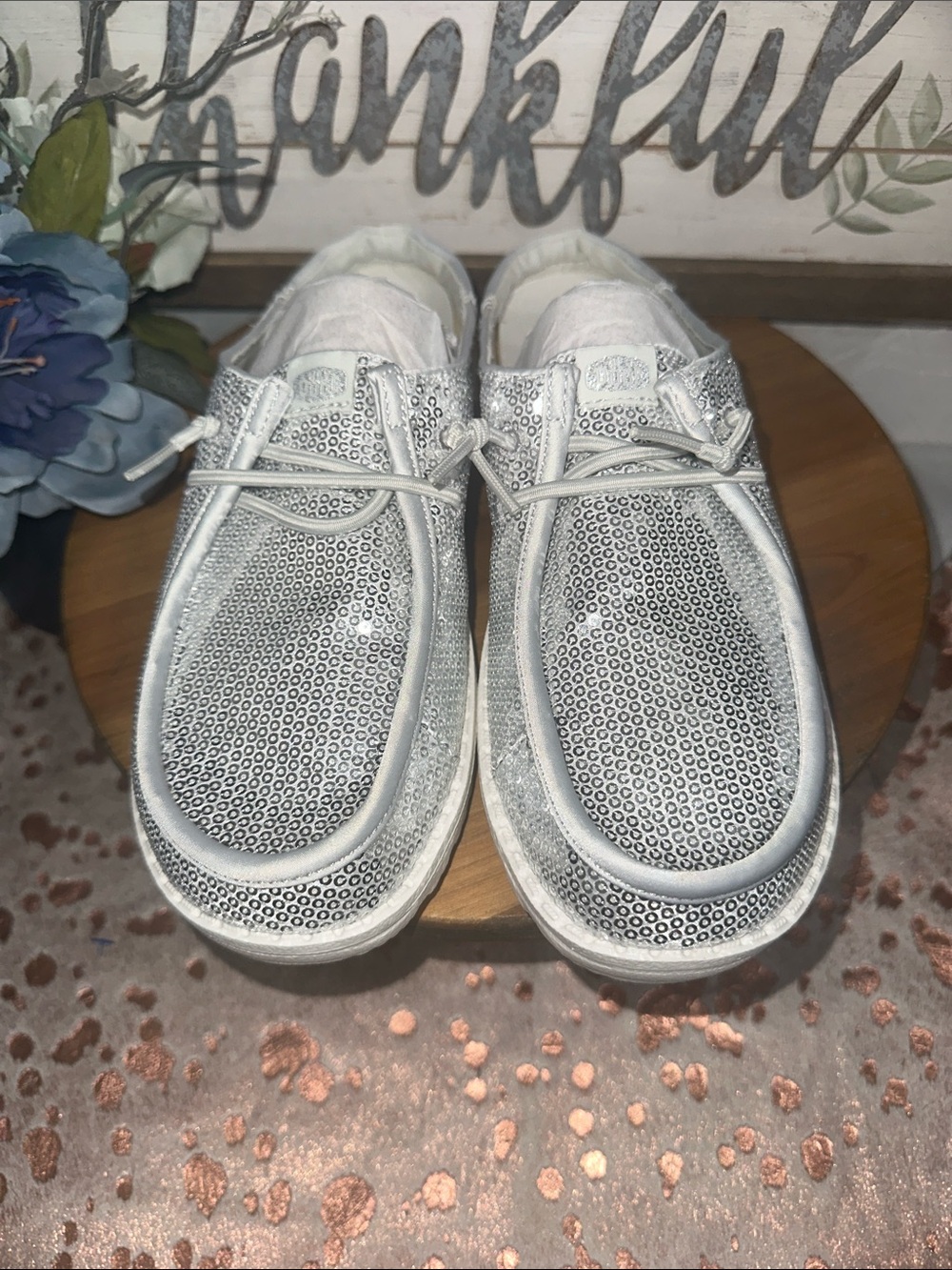 NWOT Hey Dude Women's Silver Sequin Casual Slip-On Loafers